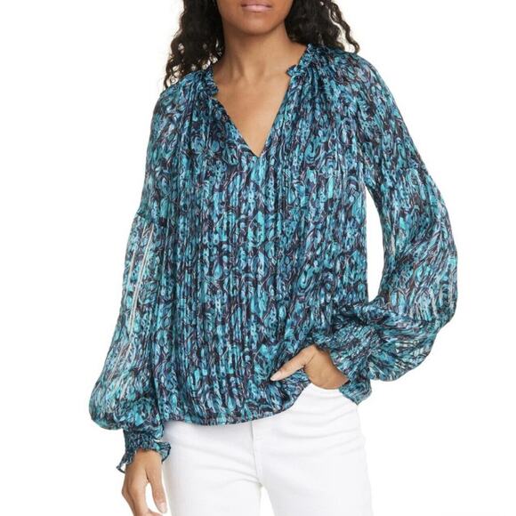 Ramy Brook Luanne Silk Pleated Smocked Teal Combo Long Sleeve Blouse